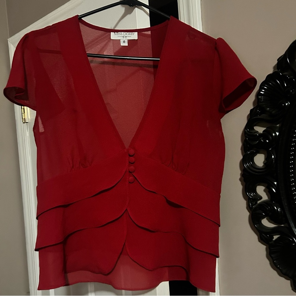 Miss Dory Red Tiered Sheer V-Neck Blouse